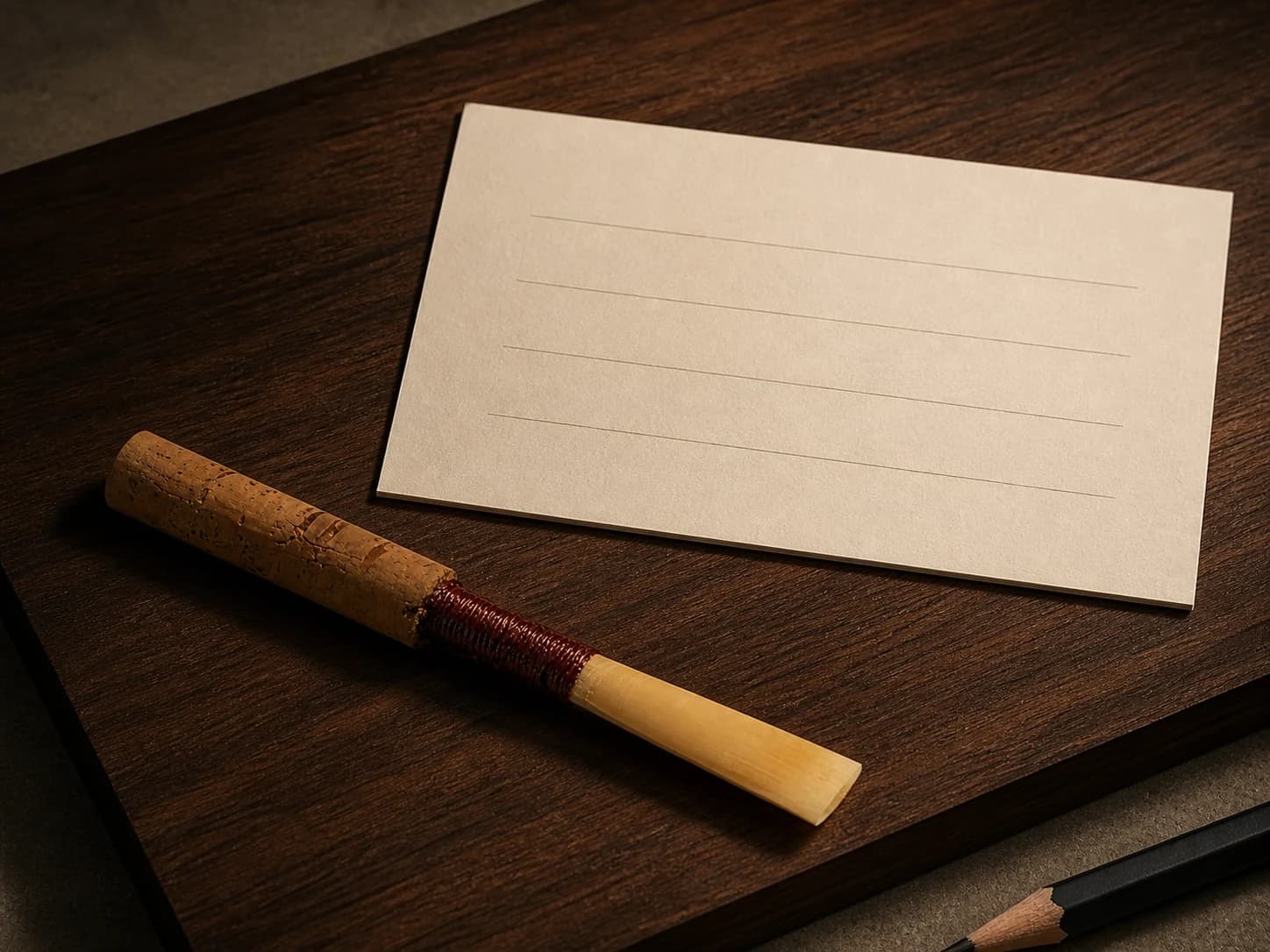 Finished handmade oboe reed beside a blank custom-order card